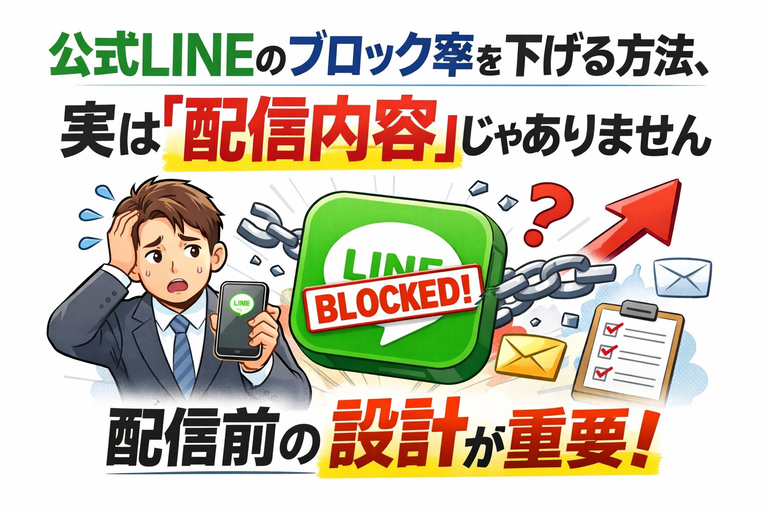 公式LINEのブロック率が下がらず悩む事業主が、配信内容ではなく登録前の設計が原因であることに気づく構図を示し、ブロック率を下げる本質的な考え方を表現している