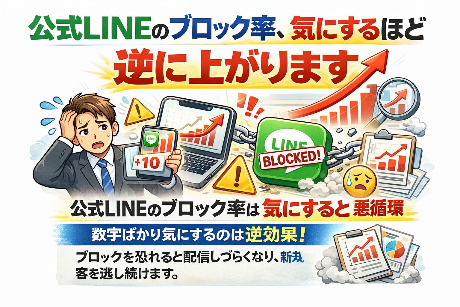公式LINEのブロック率を気にしすぎて配信に不安を感じる事業主の状態と、数字を追うほどブロック率が下げられなくなる本質的な問題を示している