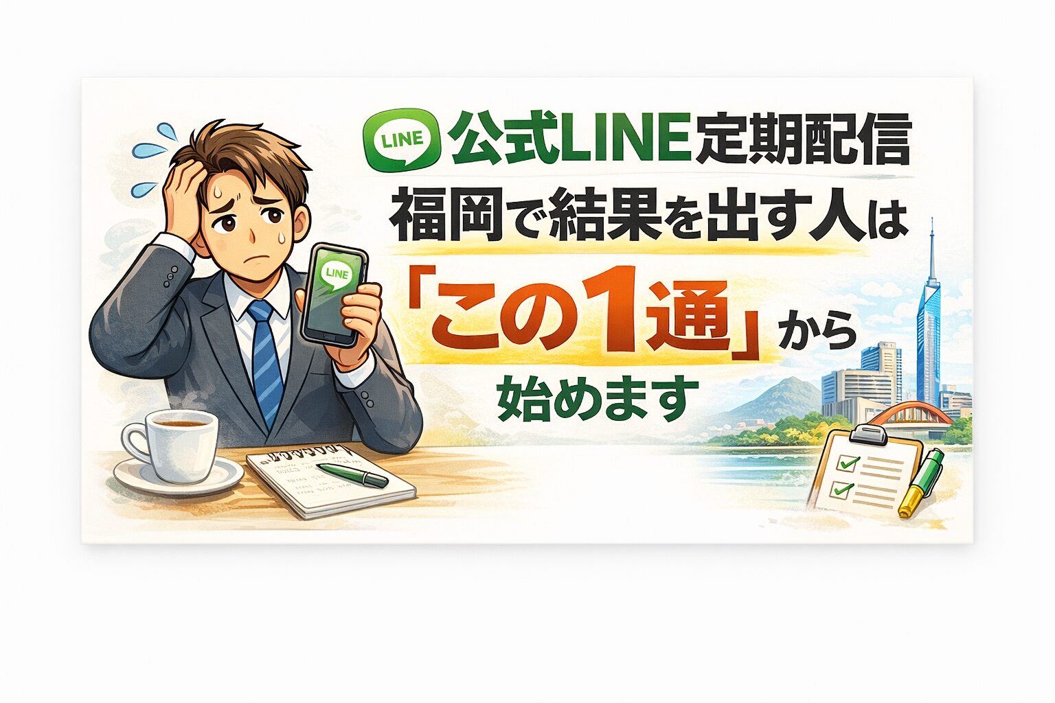 公式LINEの定期配信を前に迷う事業主が、最初の一通から設計することでブロック率を下げる考え方に気づく流れを示している