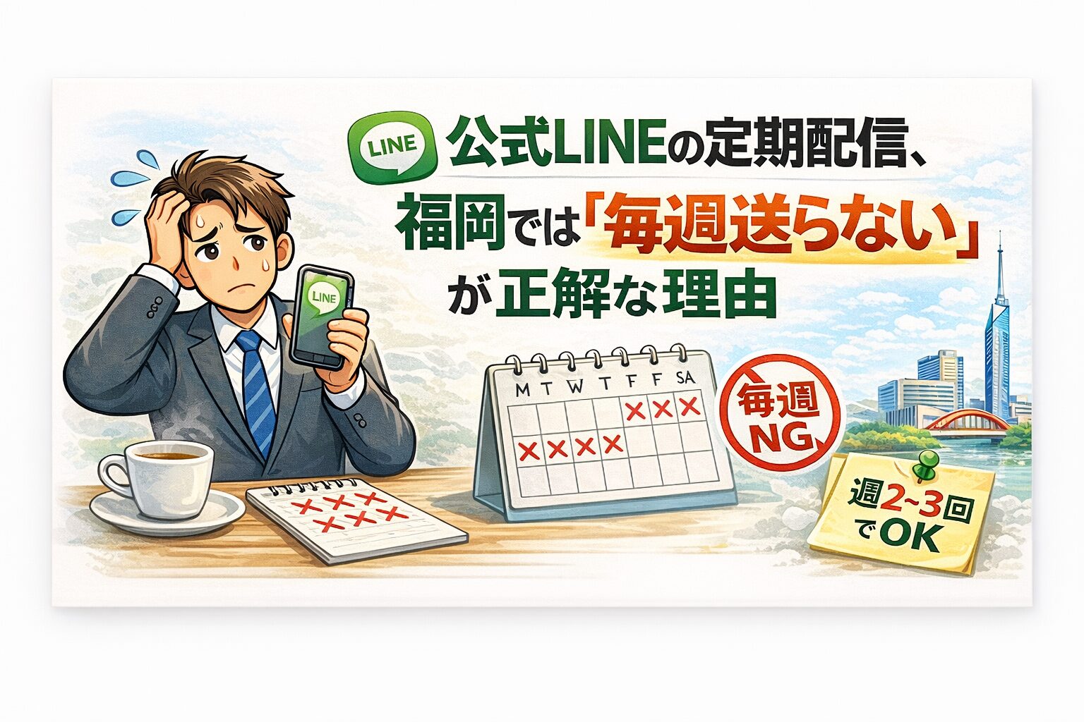 公式LINEの定期配信を毎週行うことに悩む事業主が、配信頻度を見直すことでブロック率を下げる考え方に気づく状況を示している