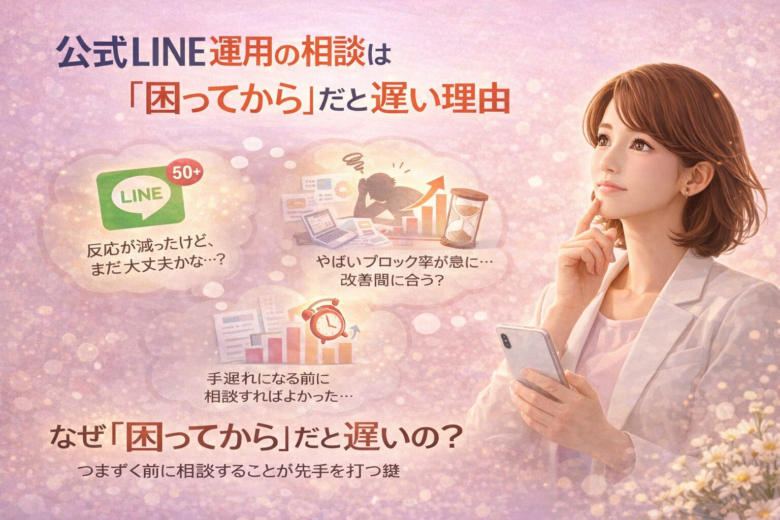 スマートフォンを手に悩む女性と複数の思考要素が描かれ、公式LINE運用相談を困る前に行う重要性と判断の遅れが示されている