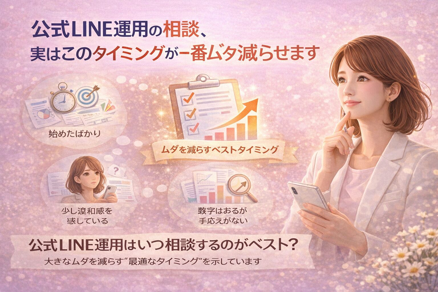 公式LINEの運用相談を検討する女性が、柔らかな表情で考え込む姿を通して、早めの相談が無駄を減らす重要性を示している構図