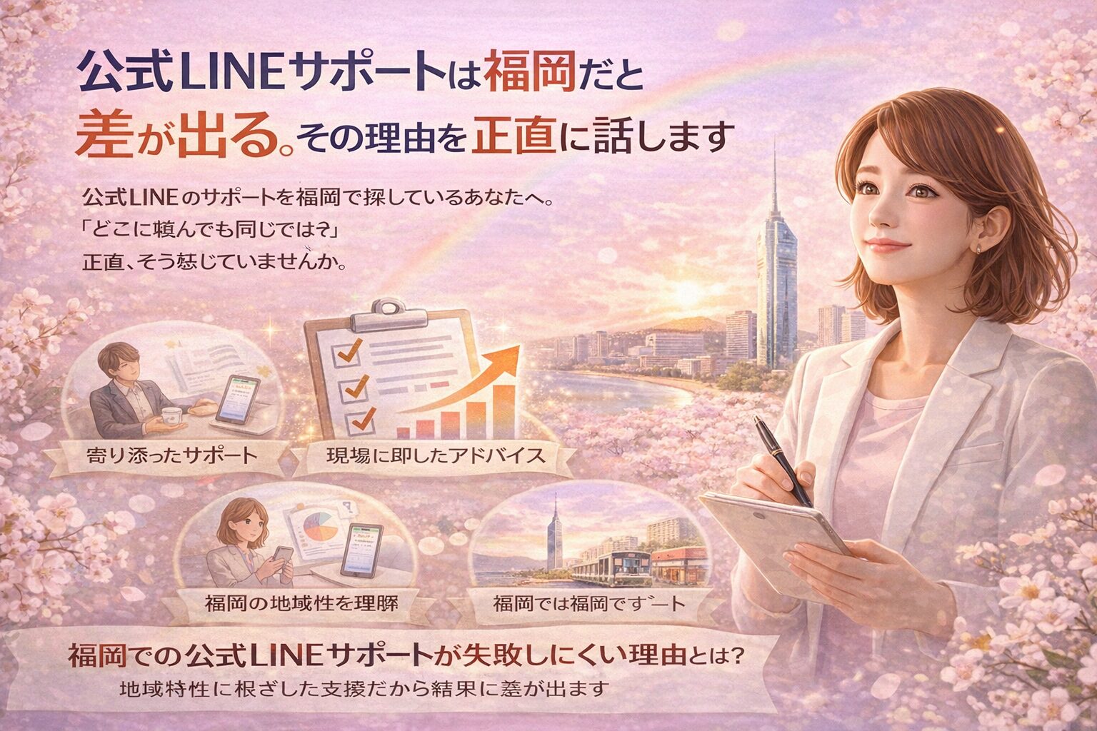 福岡の街並みを背景に、公式LINEサポートの現場対応や設計力、地域性理解の重要性を伝え、相談先によって成果に差が出る理由を示している