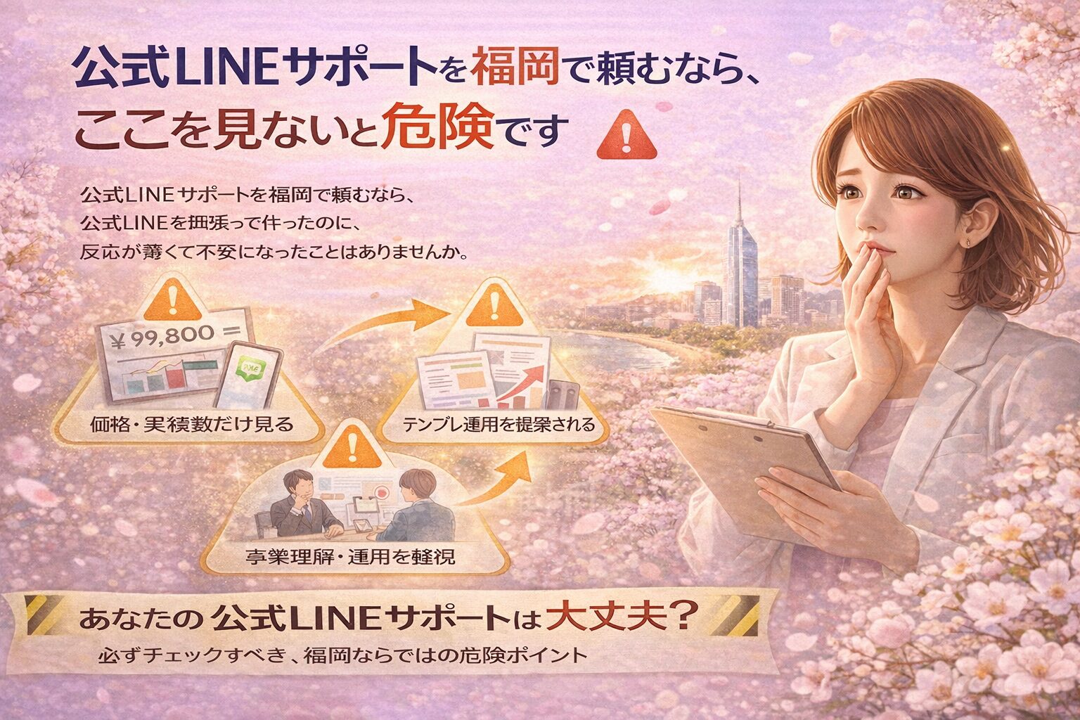 公式LINEサポートを福岡で検討する事業者が、価格や実績だけで判断する危険性や運用設計不足のリスクに気づく構図を表現している