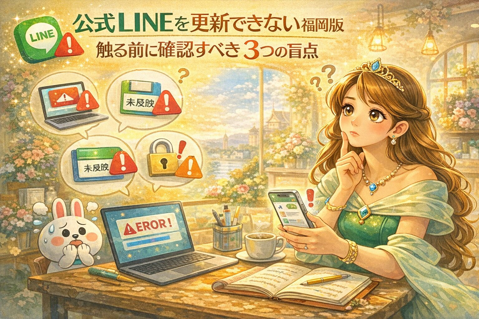 福岡の店舗オーナーがスマホを見つめ公式LINE更新できない状況に悩み、PCのエラー表示や未反映アイコンを前に確認している様子