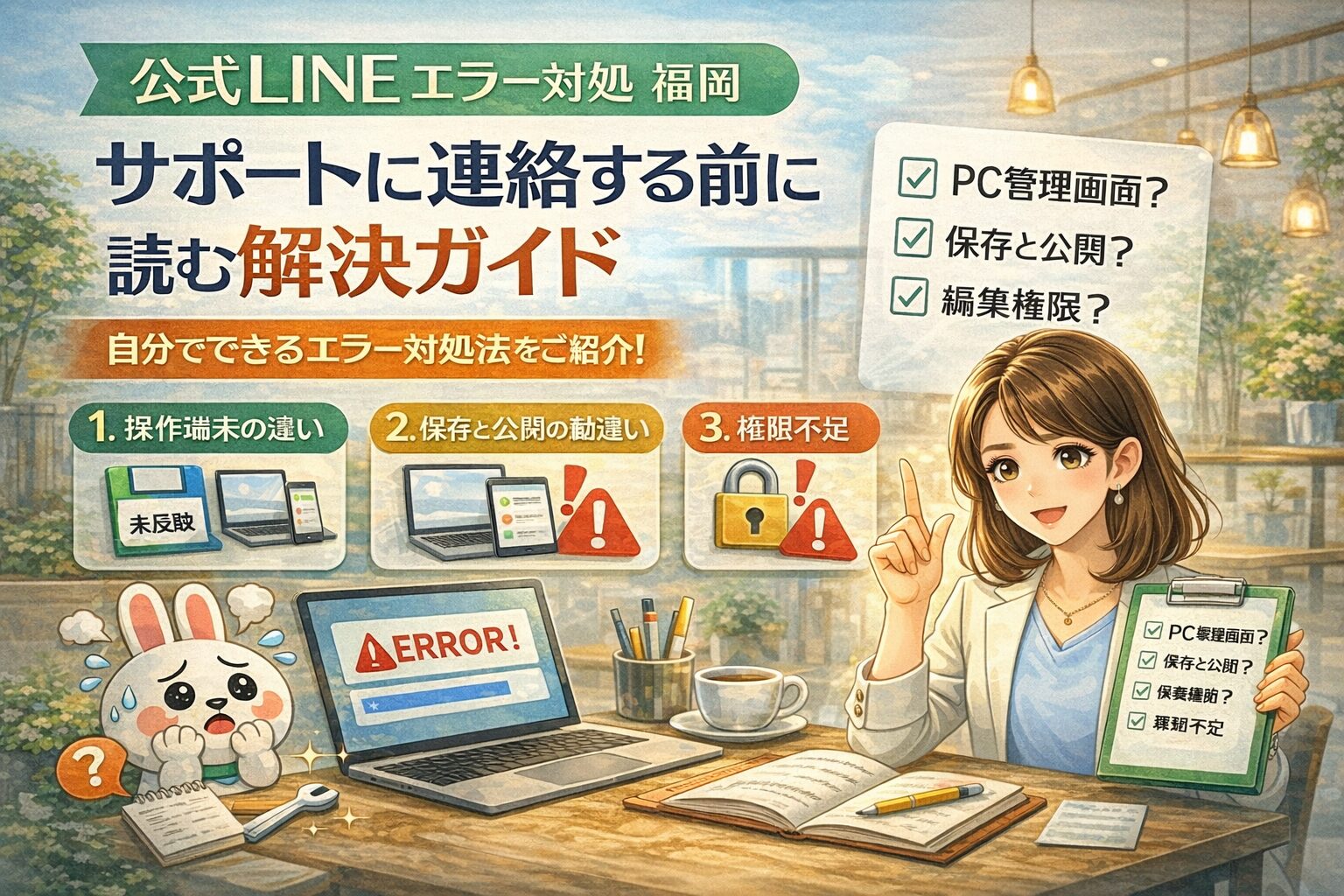 公式LINEのエラーに直面した福岡の店舗オーナーが、サポート連絡前に端末・保存公開・権限を確認している状況