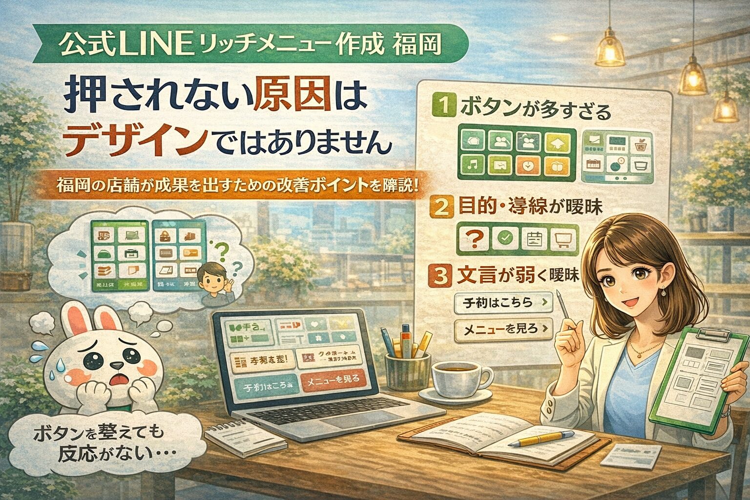 公式LINEリッチメニュー作成で成果が出ない福岡の店舗が、ボタン数や導線、文言設計の問題点を整理して確認している状況