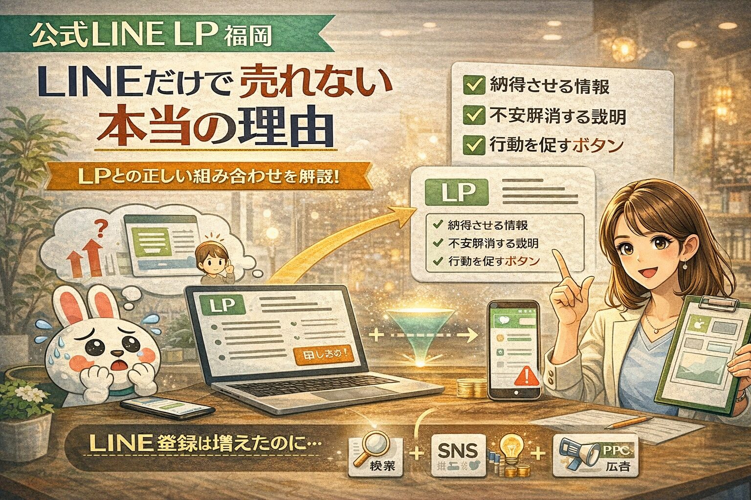 公式LINE LP 福岡の考え方として、LINE単体では売れず、LPで納得と判断材料を補完する導線構造を整理して示している状況