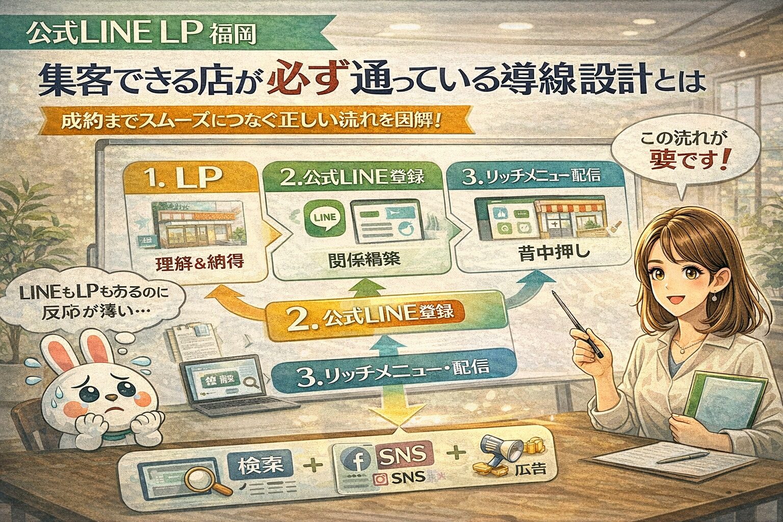 公式LINE LP 福岡における集客導線を示し、LPでの理解と納得から公式LINE登録、行動促進までの流れを段階的に整理した構成図