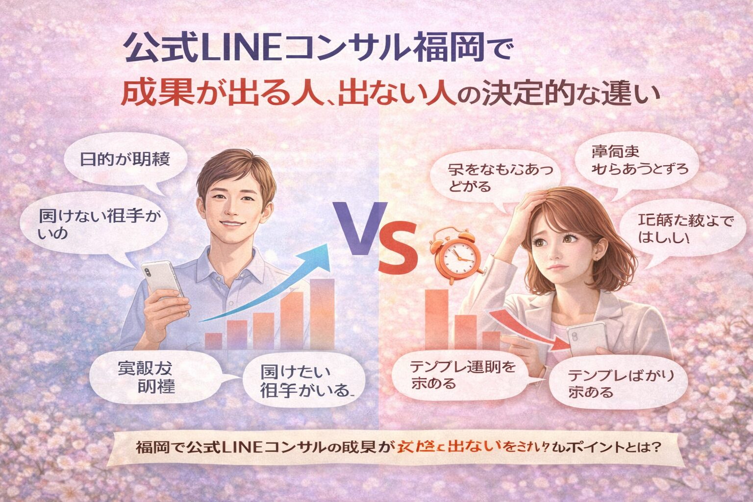 公式LINEコンサル福岡で成果が出る人と出ない人を左右に分け、目的の明確さや伴走姿勢の違いを対比して示した構成図
