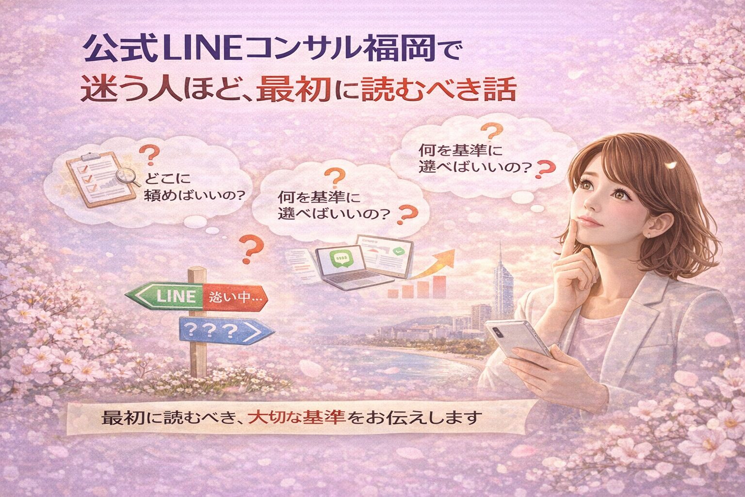公式LINEコンサル福岡で迷う女性が、相談先や判断基準に悩みながらスマートフォンを見つめ、選び方を考えている様子を表現している