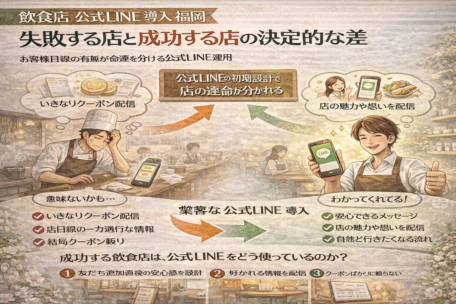 飲食店 公式LINE 導入 福岡における失敗店と成功店の違いを対比し、初期設計や配信内容の考え方が集客結果を左右する流れを示している