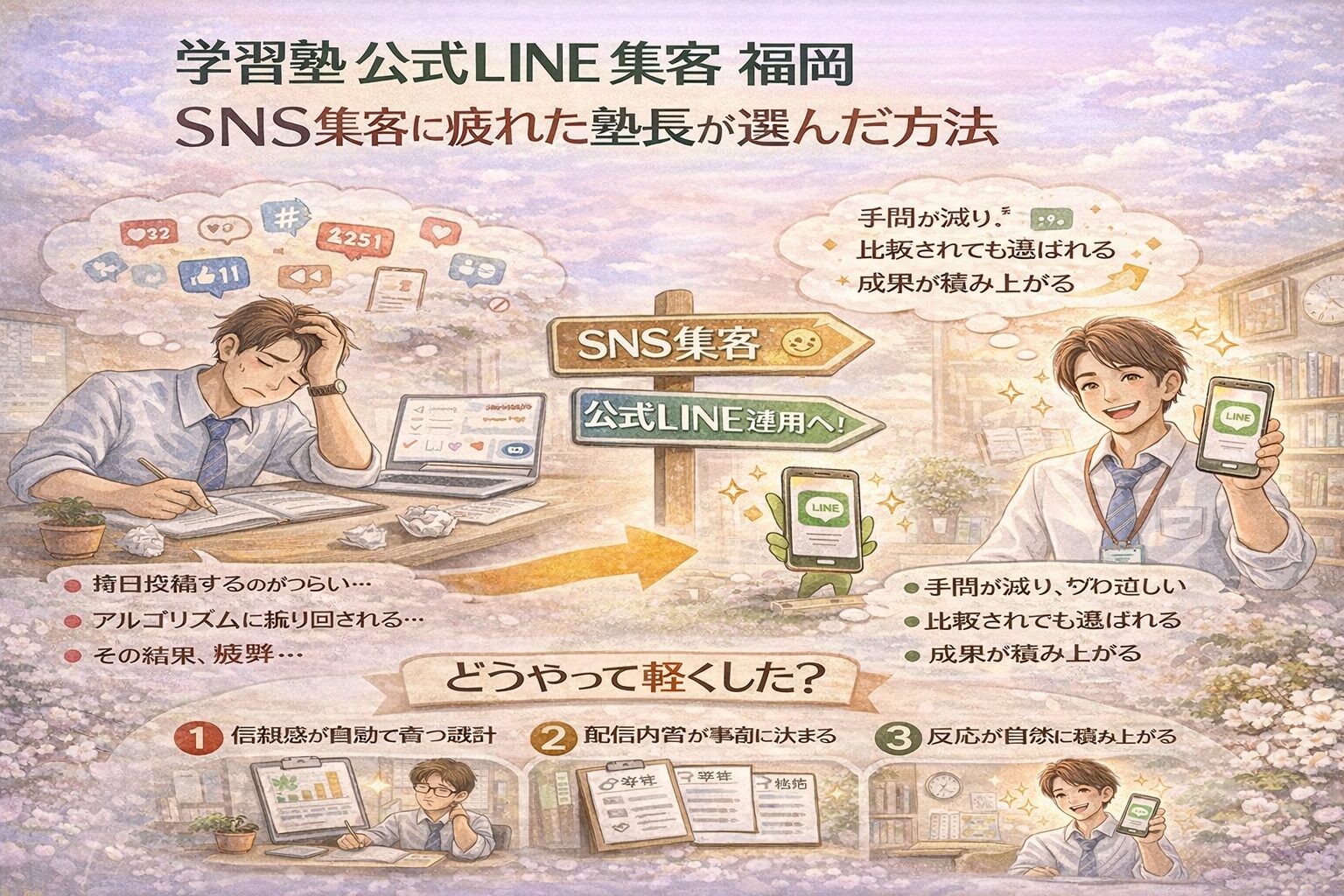 SNS集客に疲れた学習塾の塾長が、公式LINEへ切り替えることで負担を減らし成果を積み上げる流れを示す構成。学習塾 公式LINE 集客 福岡の考え方を視覚化している。