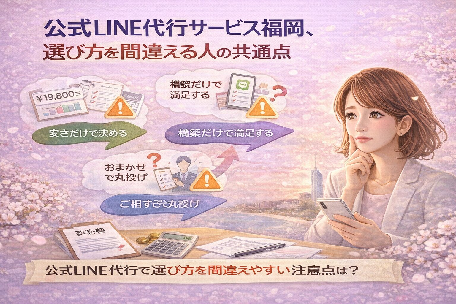 公式LINE代行サービス福岡を検討し、構築後の運用や成果への不安を感じながら判断基準を考える女性の様子を表現したビジュアル