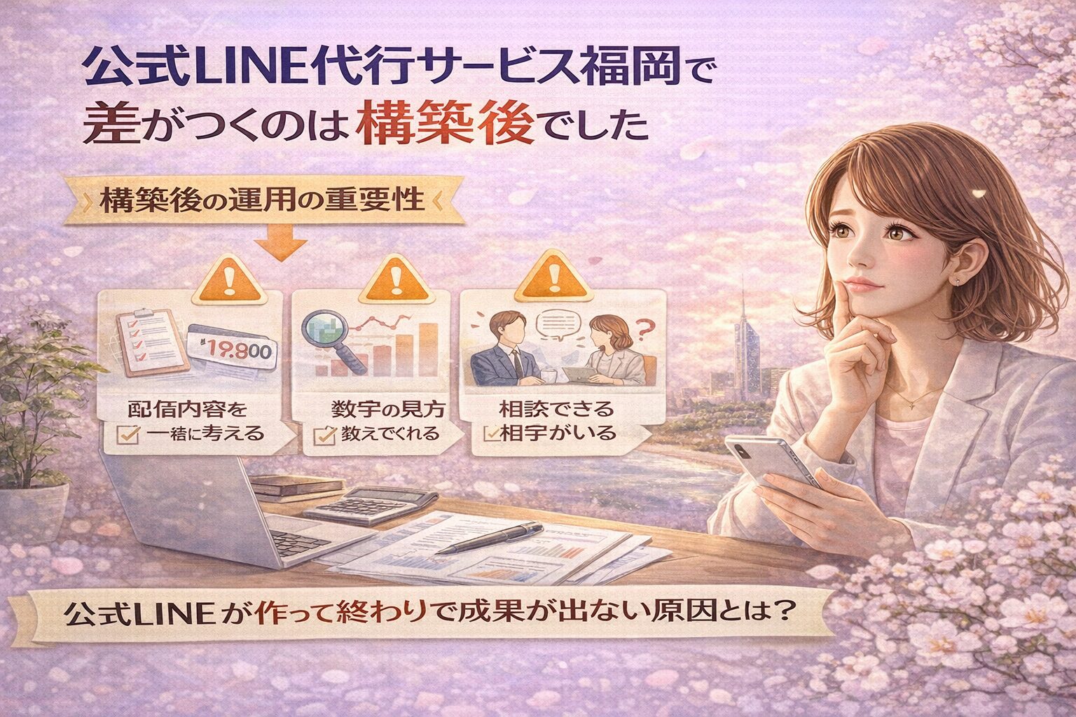 福岡の街並みを背景に、公式LINE代行サービス福岡における構築後の運用や相談体制、数字の見方が成果を左右することを示した構成図