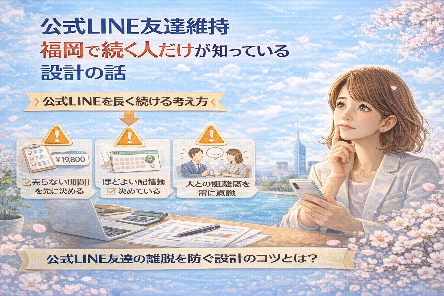 スマートフォンを手に考える女性と、配信頻度や距離感を示す要素から、公式LINE友達維持を福岡で実現するための設計思考を表現しているビジュアル