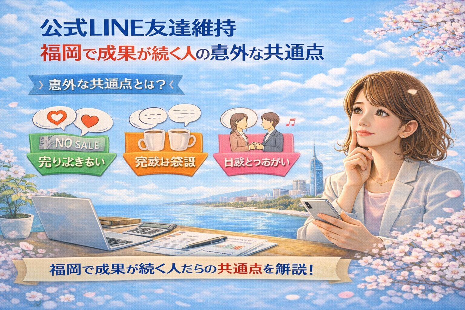 福岡の街を背景に、公式LINEの友達維持について考える女性と、売り込みしない姿勢や会話重視の設計を示す要素が配置され、公式LINE 友達 維持 福岡の考え方を視覚的に伝えている