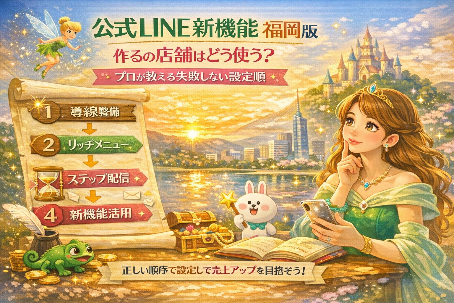 福岡の店舗向けに公式LINE新機能の使い方と設定順を示し、導線整備から活用までを物語調で分かりやすく表現した構成ビジュアル