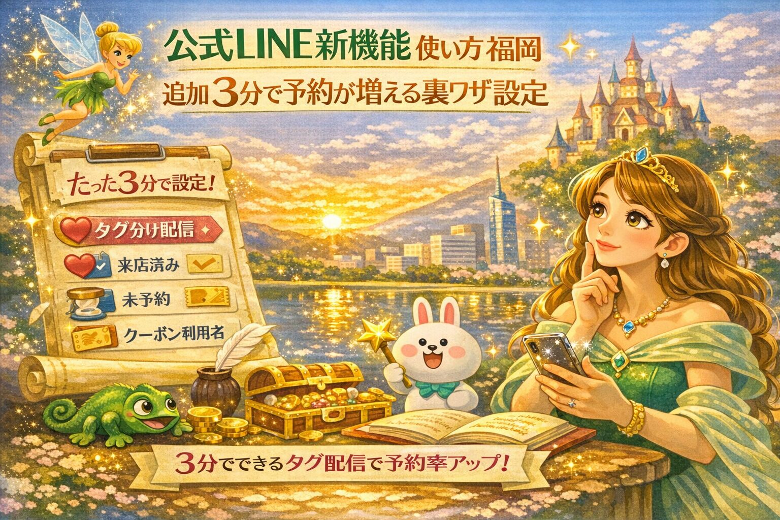 公式LINE新機能の使い方を福岡の店舗向けに解説する構図で、スマートフォンを手にした案内役が予約導線や設定順を示している