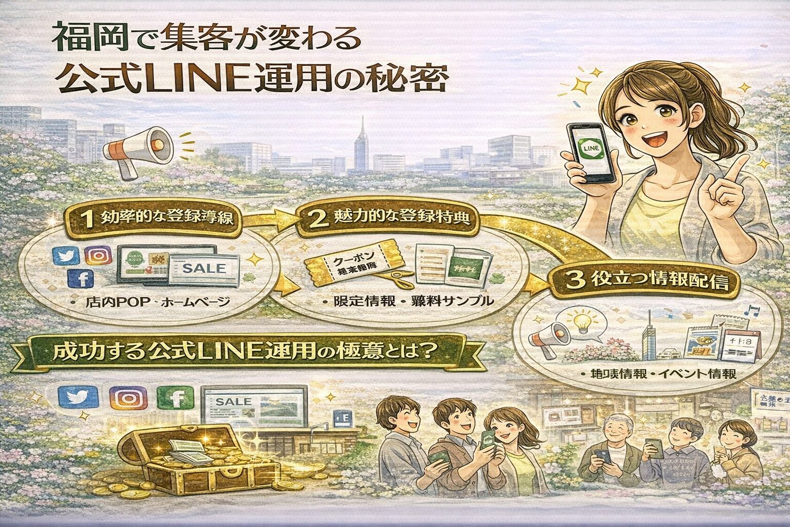 福岡の公式LINE運用で集客を伸ばす仕組みとして、SNSや店内POPからの登録導線、登録特典、役立つ情報配信の3つの要素を順序立てて示し、問い合わせや来店につながる流れを説明している