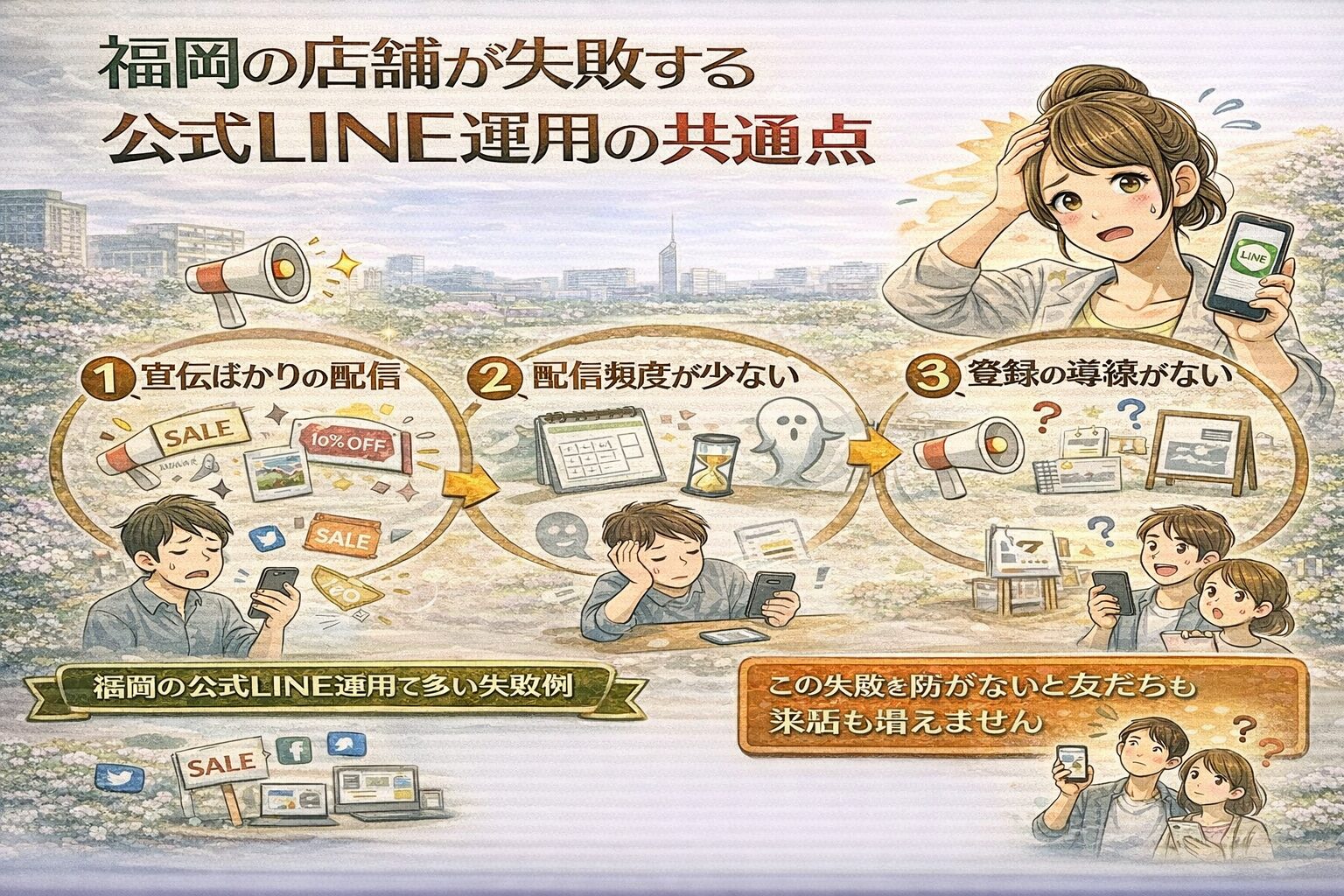 福岡の店舗が失敗する公式LINE運用として、宣伝ばかりの配信・配信頻度の不足・登録導線がないという3つの問題点を示し、友だちや来店が増えない原因を整理している