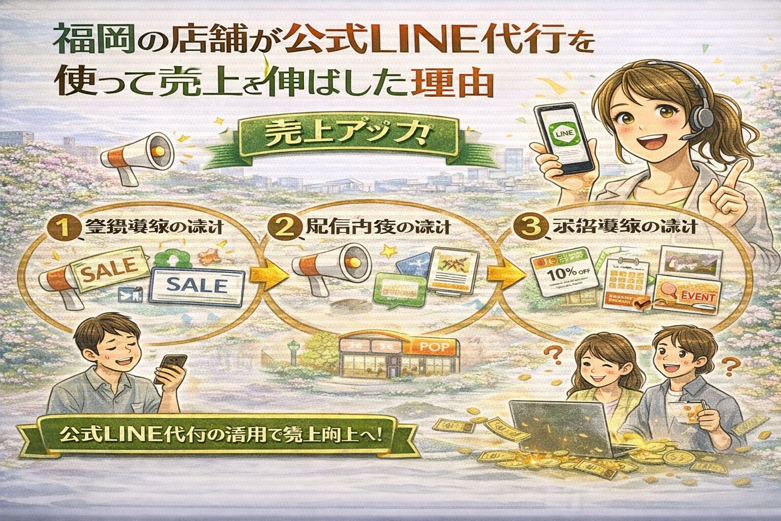 福岡の店舗が公式LINE代行を活用して売上を伸ばす流れとして、登録導線の設計・配信設計・来店導線の構築という3つのステップを整理し、売上アップにつながる仕組みを示している