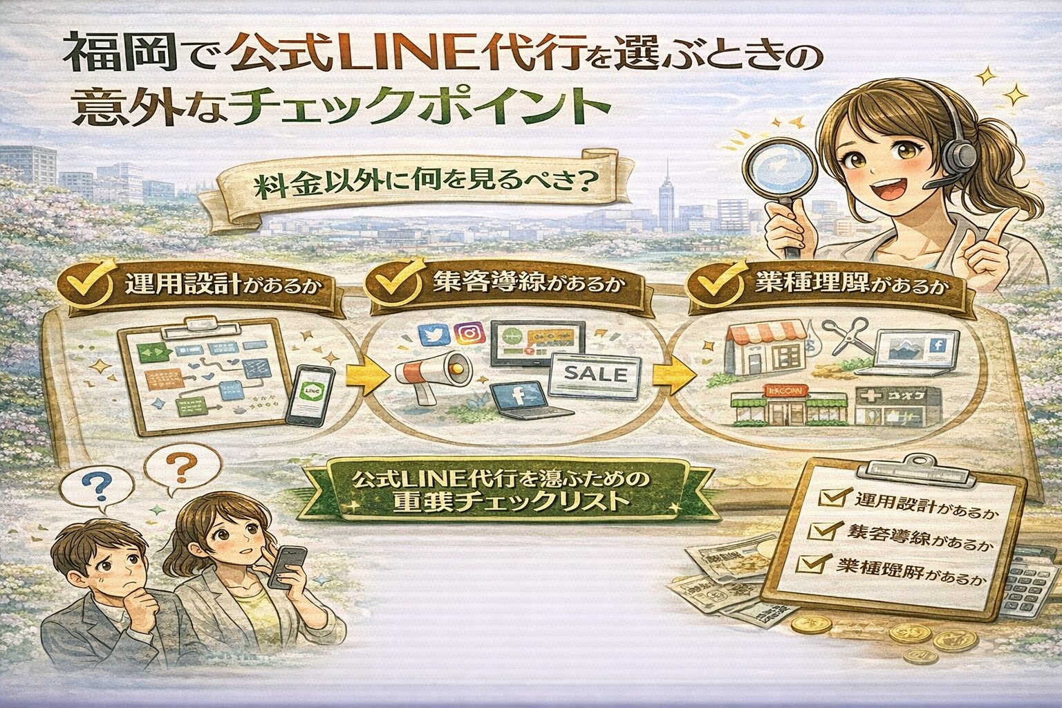 福岡で公式LINE代行を選ぶ際のチェックポイントとして、運用設計・集客導線・業種理解の3つを確認する重要性を、虫眼鏡を持つ女性とチェックリストで示している