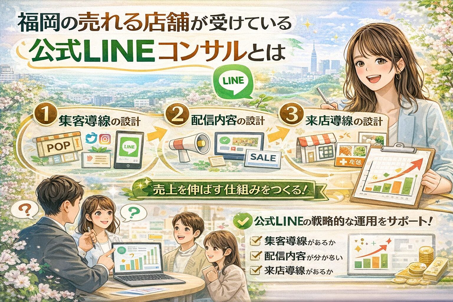 福岡の店舗が売上を伸ばすために公式LINEコンサルを活用し、集客導線・配信内容・来店導線の設計を行う仕組みを、スマートフォンのLINE画面と店舗運営の流れで示している