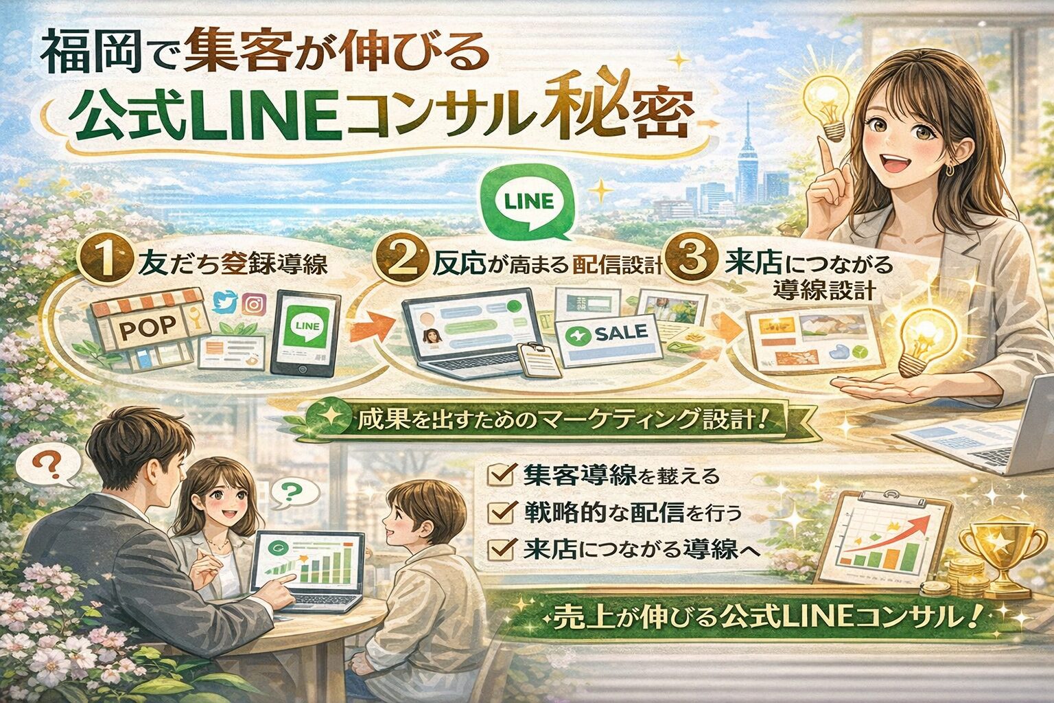 福岡の店舗が集客を伸ばすために公式LINEコンサルで設計する、友だち登録導線・配信設計・来店導線の3つの仕組みを、LINE画面や店舗アイコンと人物で示している