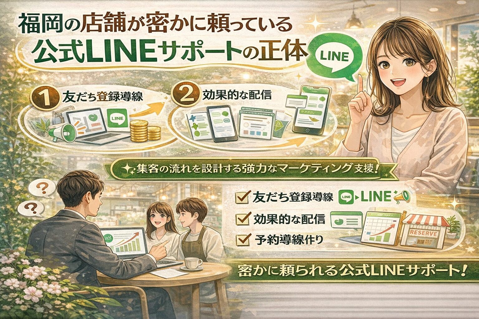 福岡の店舗が活用する公式LINEサービスとして、友だち登録導線・効果的な配信設計・予約につながる導線構築の流れを、LINE画面や店舗アイコンと人物で示している