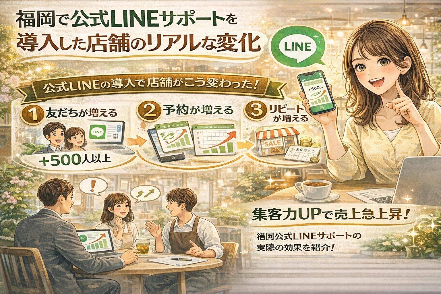 あなたはSEOとコンテンツマーケティングに精通した編集者です。 直前に作成された「上記の画像」を正確に読み取り、 検索エンジンおよびAI検索に強い画像テキスト要素を作成してください。 【前提条件】 ・対象は「上記で作成された画像」 ・画像は記事本文とセットで使用される ・過剰なキーワード詰め込みは行わない ・人間にもAIにも自然に意味が伝わる文章にする ・画像単体で見ても内容が理解できることを重視する ━━━━━━━━━━━━━━━━━━ ■ 記事情報（ユーザーが入力） ━━━━━━━━━━━━━━━━━━ 【この記事のテーマ】 ＜上記同様＞ 【フォーカスキーフレーズ】 ＜福岡 公式LINE サービス＞ ━━━━━━━━━━━━━━━━━━ ■ 作成項目（必ずこの順で出力） ━━━━━━━━━━━━━━━━━━ ### ① 代替テキスト（altテキスト｜70〜90文字前後） ・上記画像の内容を客観的かつ具体的に説明する ・「画像」「写真」「イラスト」といった言葉は使わない ・フォーカスキーフレーズ、または強く関連する語を自然に含める ・視覚情報を言語化することを最優先にする ### ② タイトル（画像タイトル｜30〜40文字前後） ・画像の主旨＋記事テーマとの関係性が分かるタイトル ・WordPressのメディア一覧で見ても意味が通じる ・キーワードは不自然でなければ含める ### ③ キャプション（40〜70文字前後） ・本文の繰り返しではなく、画像を見ることで理解が深まる補足文 ・読者に語りかけるような柔らかさはありつつ、敬語で書く ・「この画像で何が分かるのか」を明確にする ### ④ 説明（100〜150文字前後） ・この画像が何を示しているのか ・なぜこの記事の中で使われているのか ・本文のどの文脈を補足しているのか をAIが理解できるように具体的に説明する ━━━━━━━━━━━━━━━━━━ ■ 出力ルール（厳守） ━━━━━━━━━━━━━━━━━━ ・各項目は見出し付きで分けて出力すること ・抽象的な表現だけで終わらせない ・SEOとAI検索の両方で「意味が通る」文章構造にする ・キーワードは評価されるためではなく、理解を助ける目的で使う　