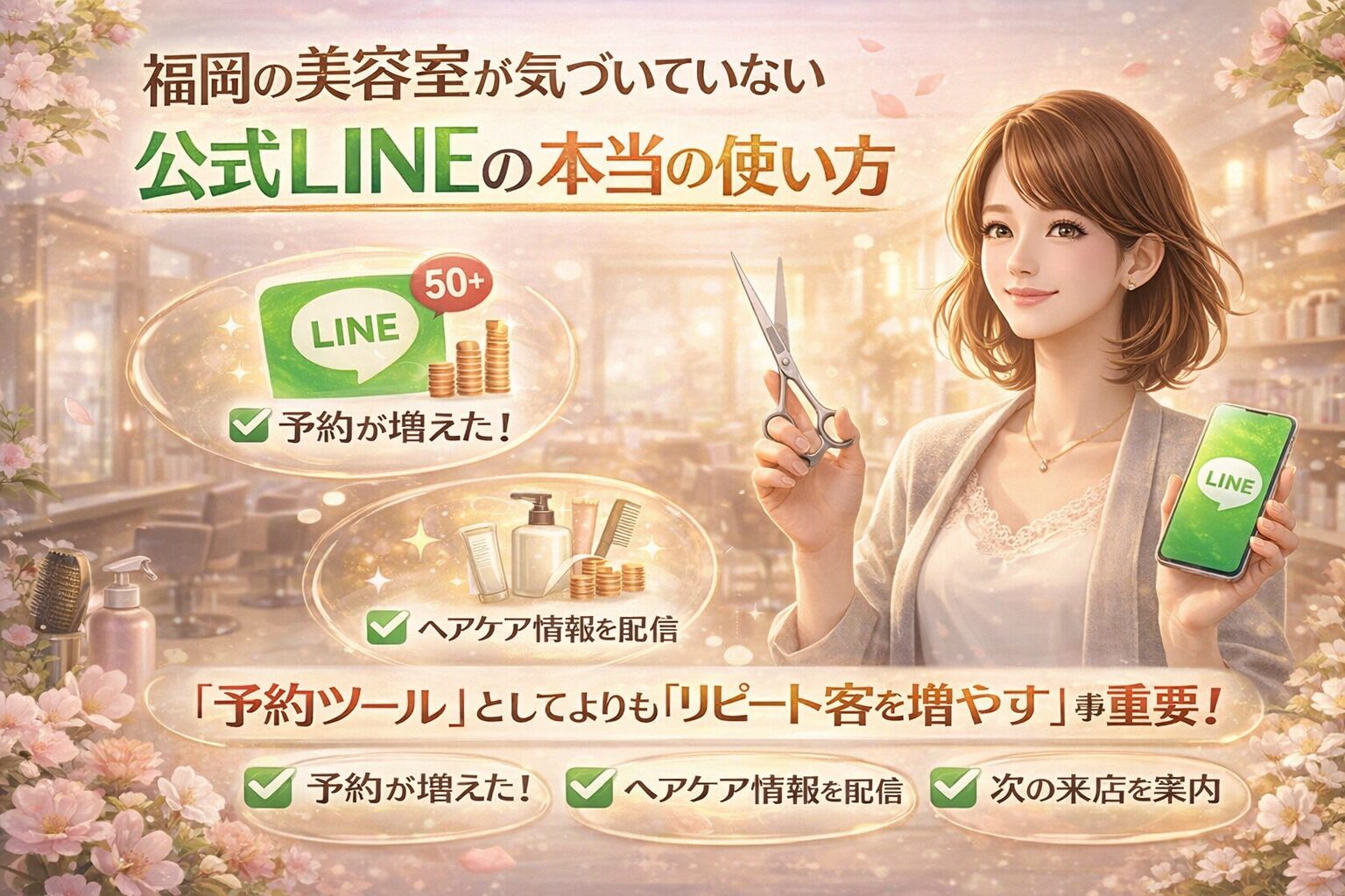 福岡の美容室オーナーに向けて、公式LINEを予約ツールではなくリピート顧客を増やす関係構築ツールとして活用する重要性を示すビジュアル