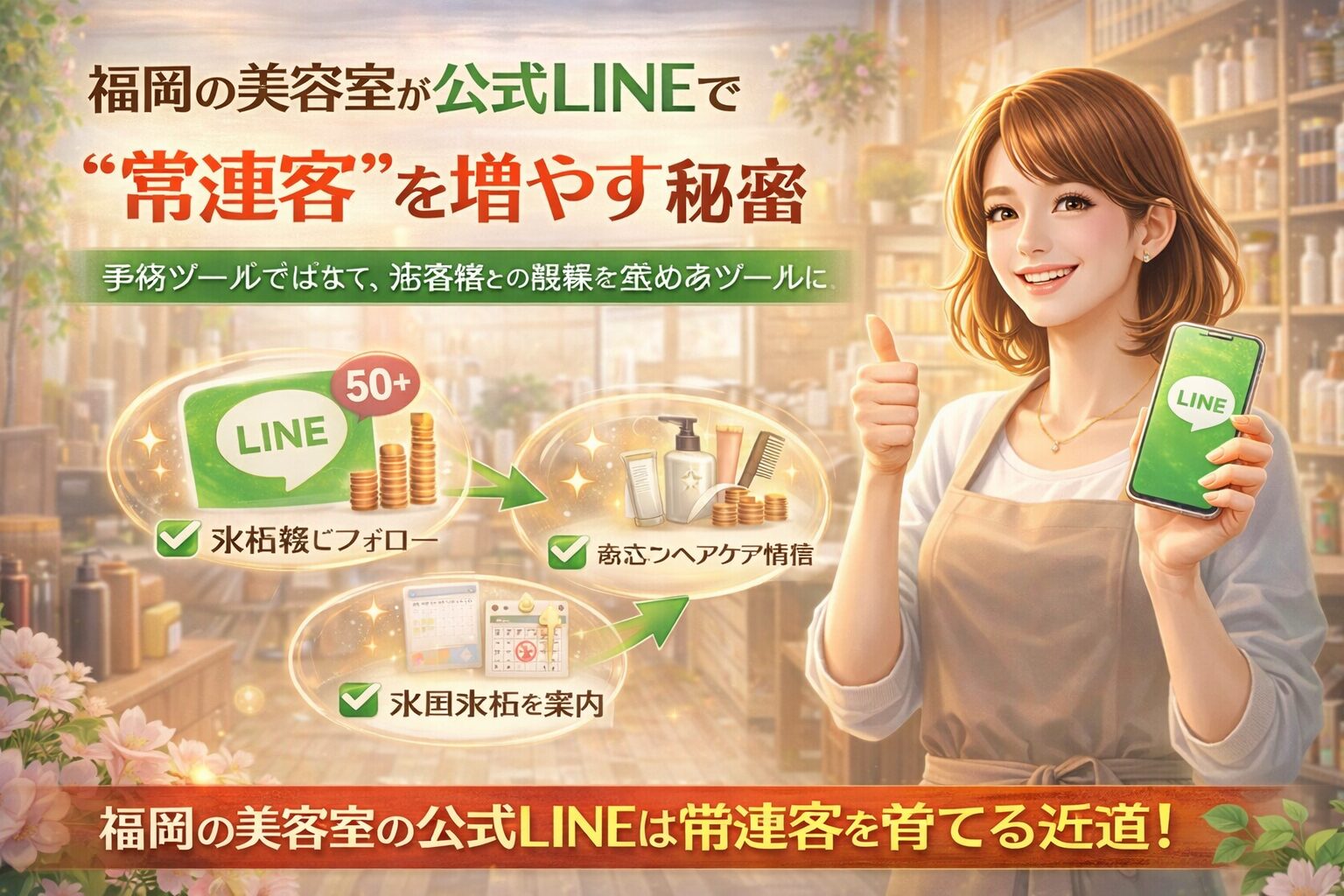 福岡の美容室オーナーに向けて、公式LINEで来店後フォローやヘアケア情報配信を行い、常連客とリピート率を増やす活用方法を示す構成