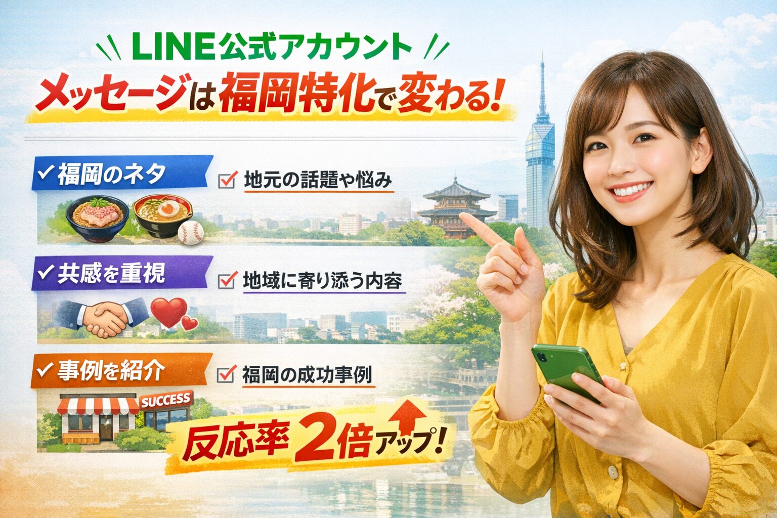 LINE公式アカウントメッセージを福岡特化で改善し、地域性・共感・事例によって反応率が向上する考え方を示した構成