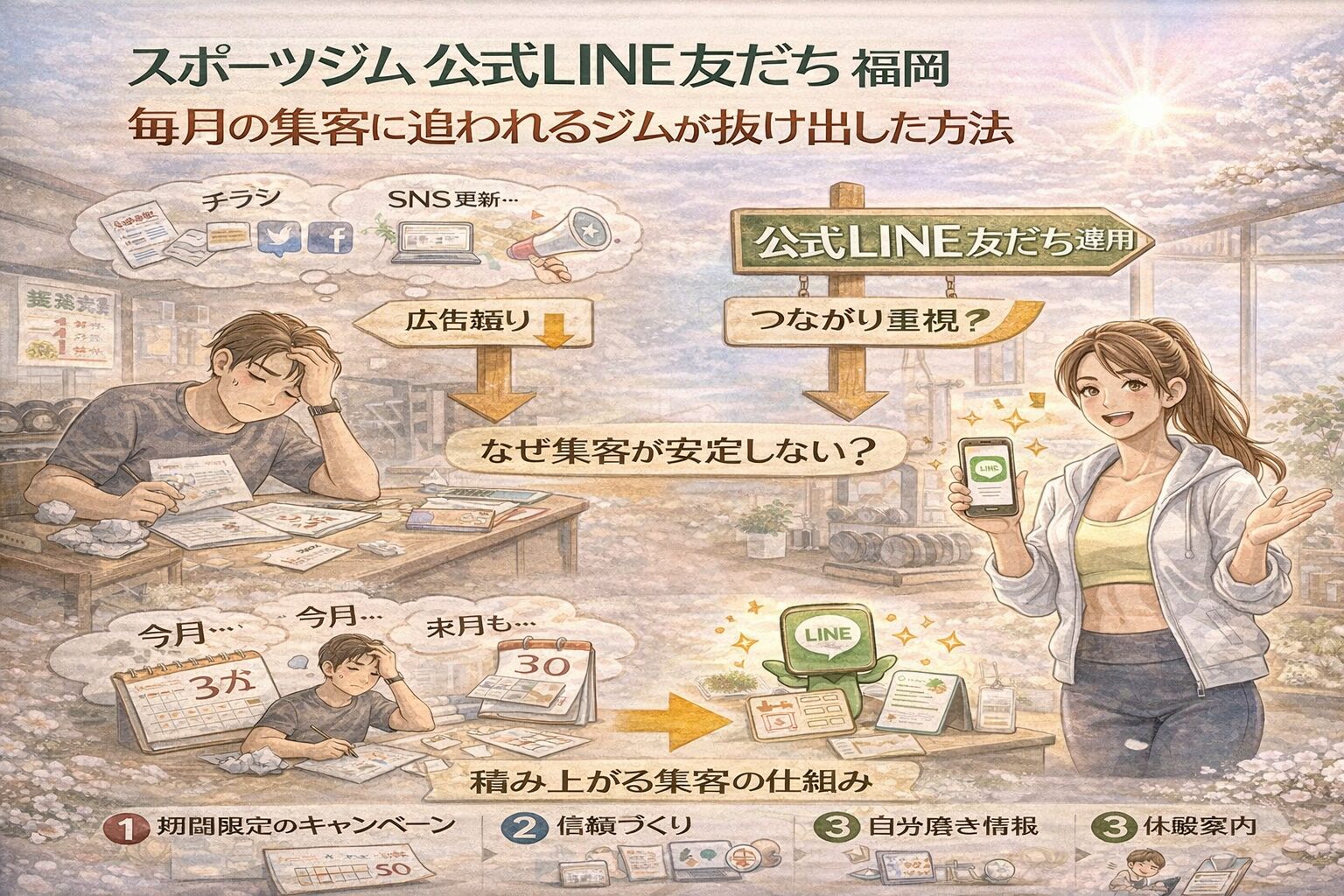 広告やSNSに頼り毎月の集客に悩むジム経営者と、公式LINE友だち運用で会員が安定して増える流れを対比。スポーツジム 公式LINE 友だち 福岡の集客設計の違いを示している。