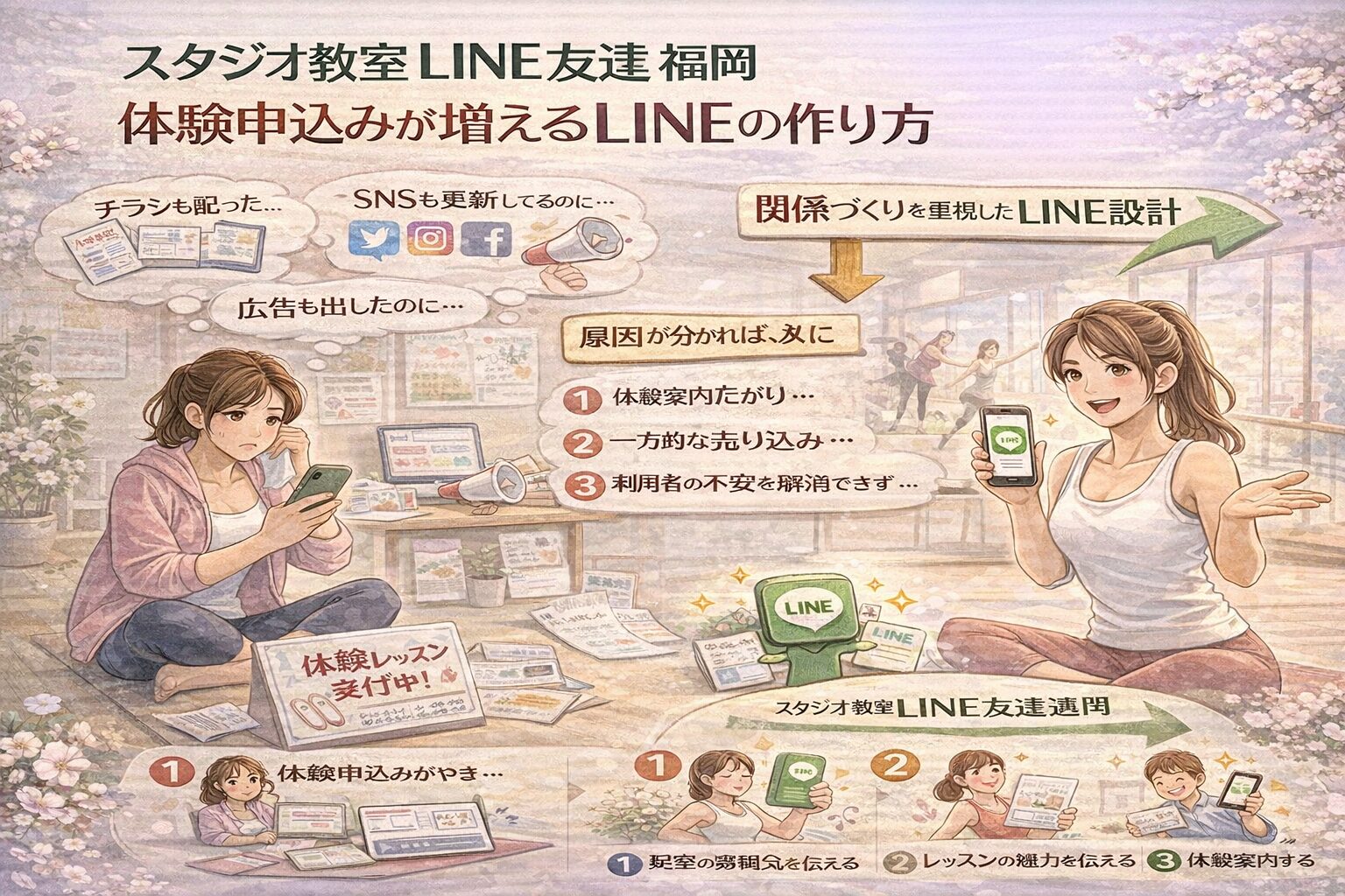 チラシやSNS、広告を続けても体験申込みが増えない教室と、関係づくり型LINE設計で申込みが増える教室の違いを示す構成。スタジオ教室 LINE 友達 福岡の集客設計を整理している。