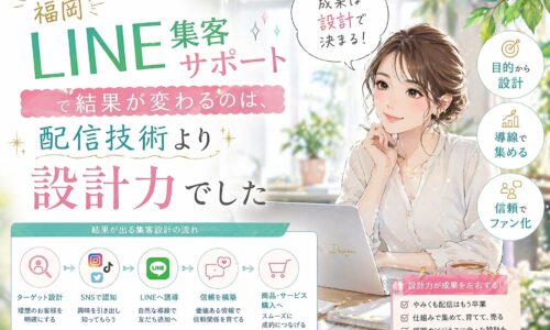 福岡 LINE 集客 サポートをテーマに、女性と設計フロー図で、配信技術より設計力が成果差を生む流れを示した構成