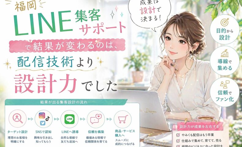 福岡 LINE 集客 サポートをテーマに、女性と設計フロー図で、配信技術より設計力が成果差を生む流れを示した構成