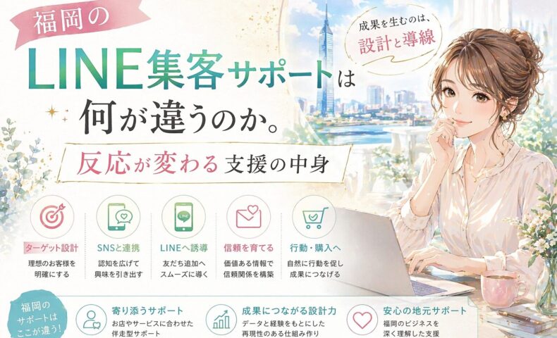 福岡 LINE 集客 サポートをテーマに、反応が変わる支援内容の違いを上品な構図で伝える内容
