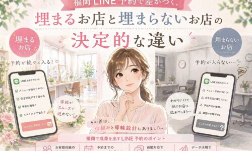 福岡 LINE 予約をテーマに、埋まるお店と埋まらないお店の違いを、予約画面と店内の対比で示した構成