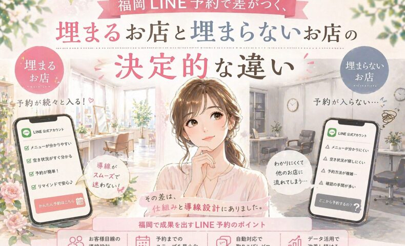 福岡 LINE 予約をテーマに、埋まるお店と埋まらないお店の違いを、予約画面と店内の対比で示した構成