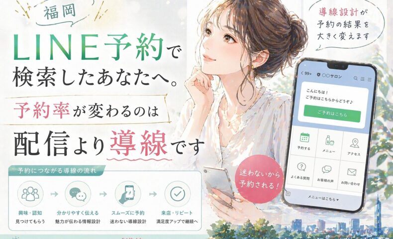 福岡 LINE 予約をテーマに、女性と予約画面付きスマホで、配信より導線設計が予約率を左右することを示した構成
