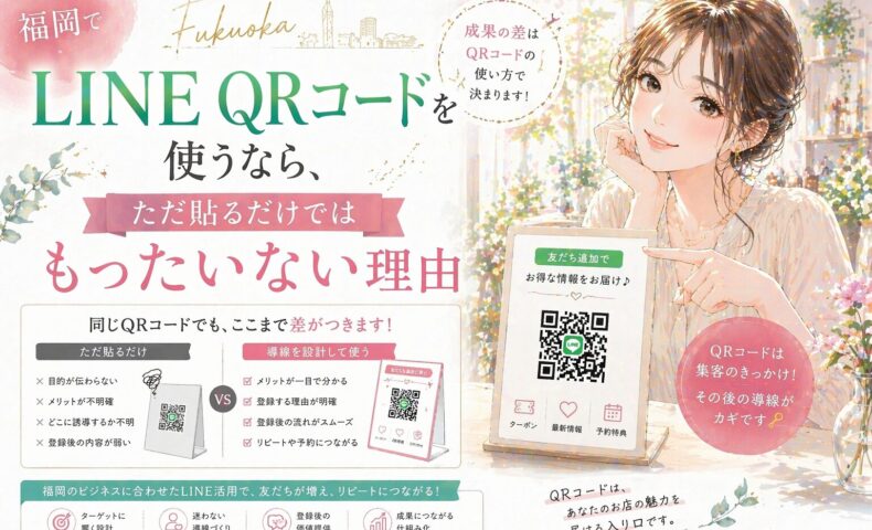 LINE QR コード 福岡をテーマに、QRコードをただ貼るだけでは成果につながらない理由を伝える構成