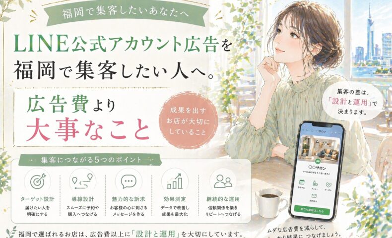 LINE 公式アカウント 広告 福岡をテーマに、女性とスマホ画面、広告費より設計と運用が重要だと示した構成