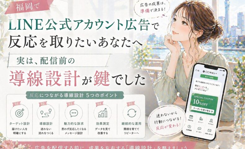 LINE 公式アカウント 広告 福岡をテーマに、女性とスマホ画面、配信前の導線設計が反応差を生むことを示した構成