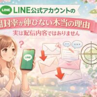 福岡でLINE公式アカウントの開封率が伸びない理由を、悩む女性、LINE画面のスマホ、未開封メッセージ、福岡地図で示した構成