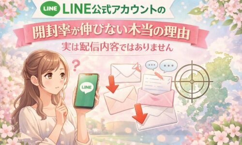 福岡でLINE公式アカウントの開封率が伸びない理由を、悩む女性、LINE画面のスマホ、未開封メッセージ、福岡地図で示した構成