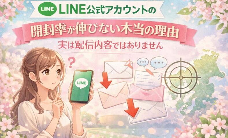 福岡でLINE公式アカウントの開封率が伸びない理由を、悩む女性、LINE画面のスマホ、未開封メッセージ、福岡地図で示した構成