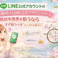 福岡でLINE公式アカウントの開封率改善を考える女性と、よくある配信例、虫眼鏡、福岡の地図で課題を示した構成