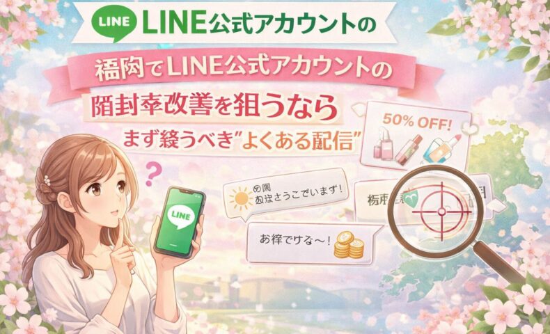 福岡でLINE公式アカウントの開封率改善を考える女性と、よくある配信例、虫眼鏡、福岡の地図で課題を示した構成